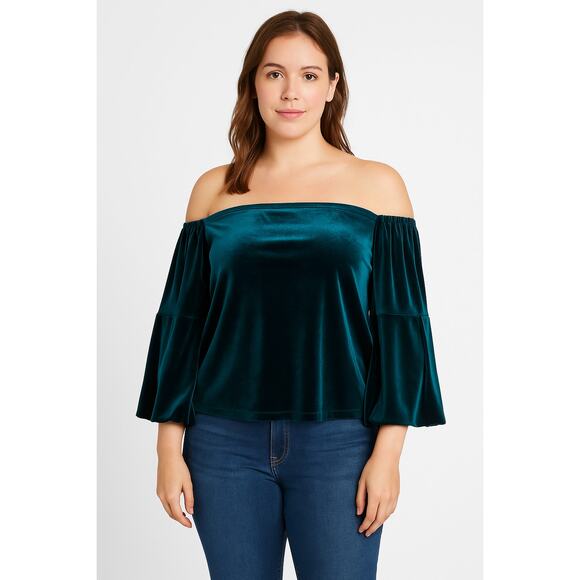 NWOT State Forest Green Velvet Off-The-Shoulder Bell Sleeve Top Size Medium - Picture 1 of 6